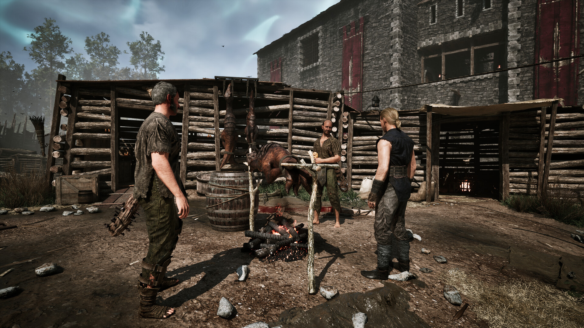 Gothic 1 Remake Guide — prisoners gathered around a campfire inside a colony camp