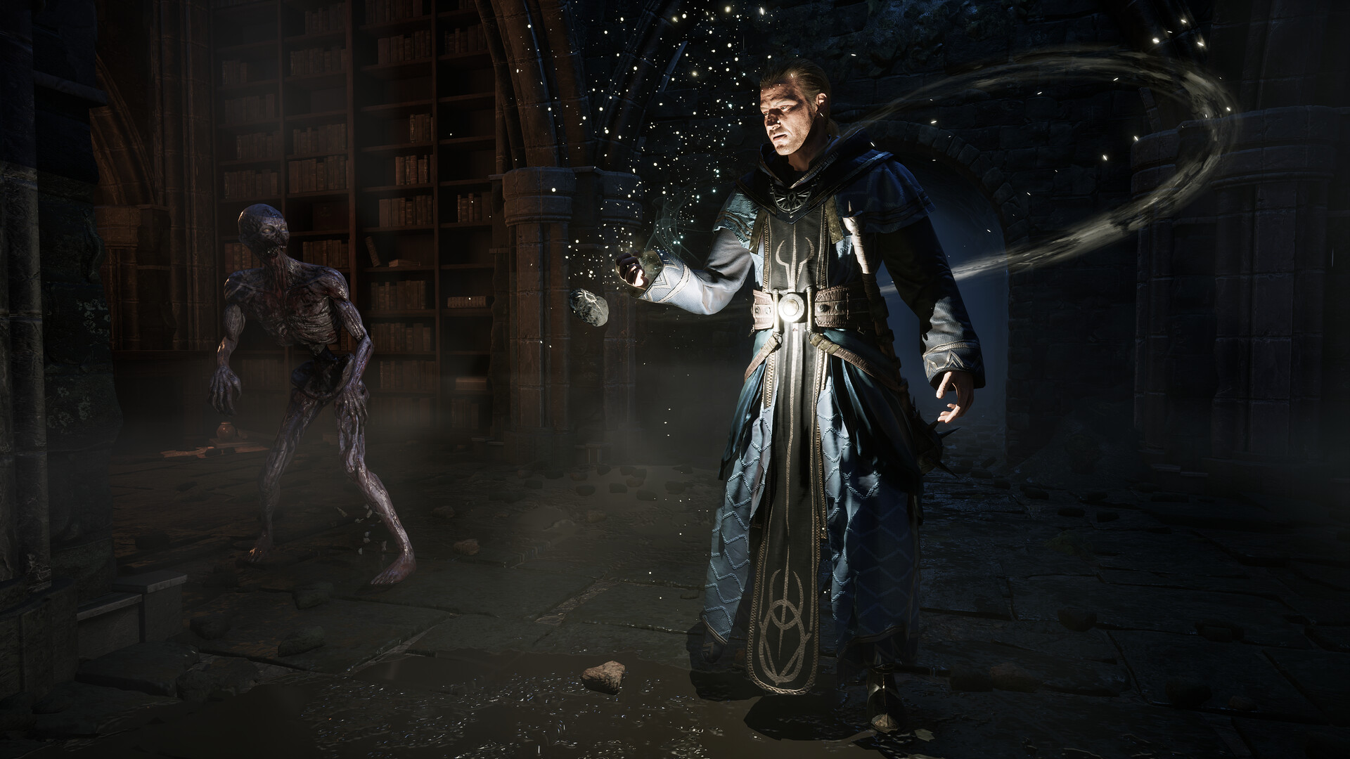 Gothic 1 Remake Guide — a robed mage casts a spell as an undead creature approaches in a ruined hall